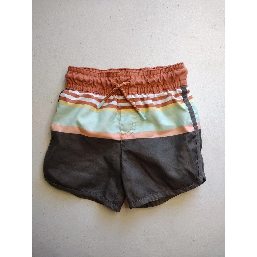 Cat & Jack‎ Baby Boys Striped Swim Trunks Rust Mint Charcoal 12M Mesh Lined
